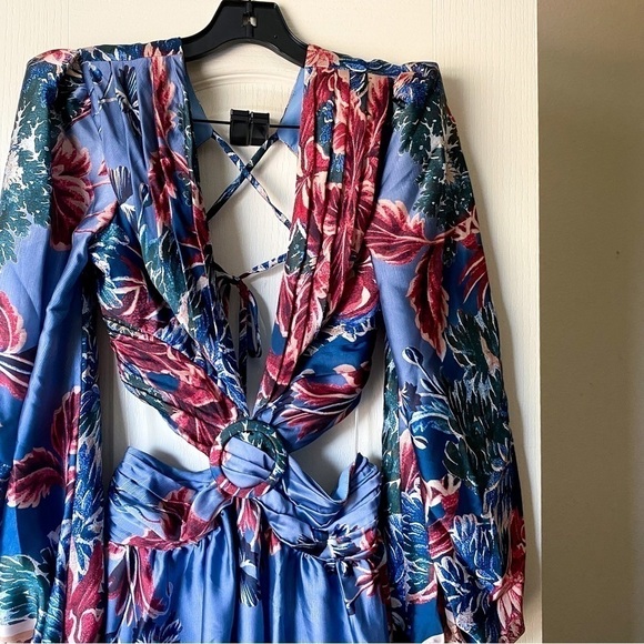 PatBO Dress Gilly Print Cut-Out Maxi Floral Open Back Slit Vacation Blue 8 NWT - Picture 7 of 13